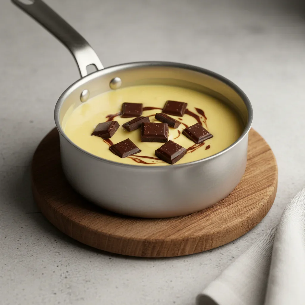 Mississippi-mud-pie-6-681x1024.jpg Small metal saucepan with yellow pudding topped with dark chocolate pieces on a gray surface.