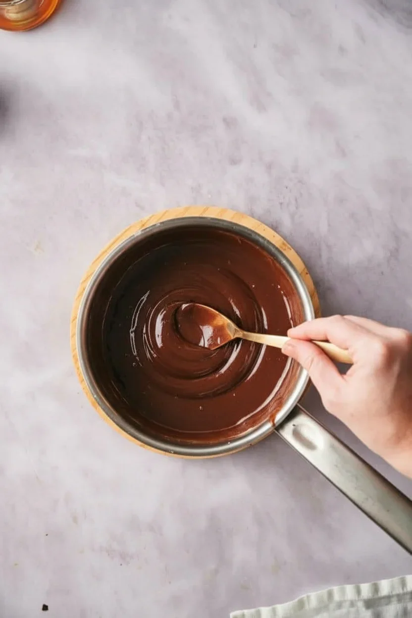 Mississippi-mud-pie-8-681x1024.jpg A saucepan with shiny melted chocolate being stirred with a wooden spoon on a grey surface.