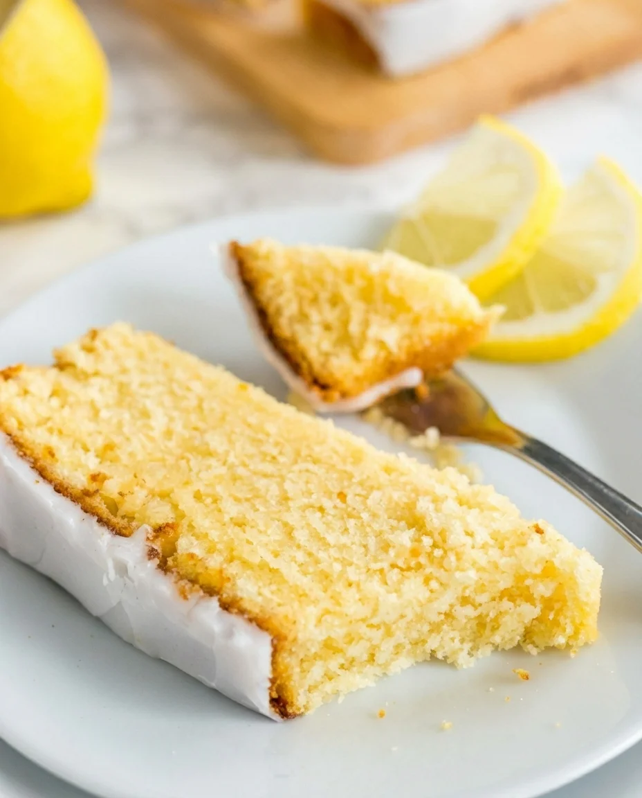 Moist-Lemon-Cake-Recipe-Plated-Cravings-4-640x854.jpg A slice of lemon sponge cake with white icing on a blue plate, lemon wedges in the background.