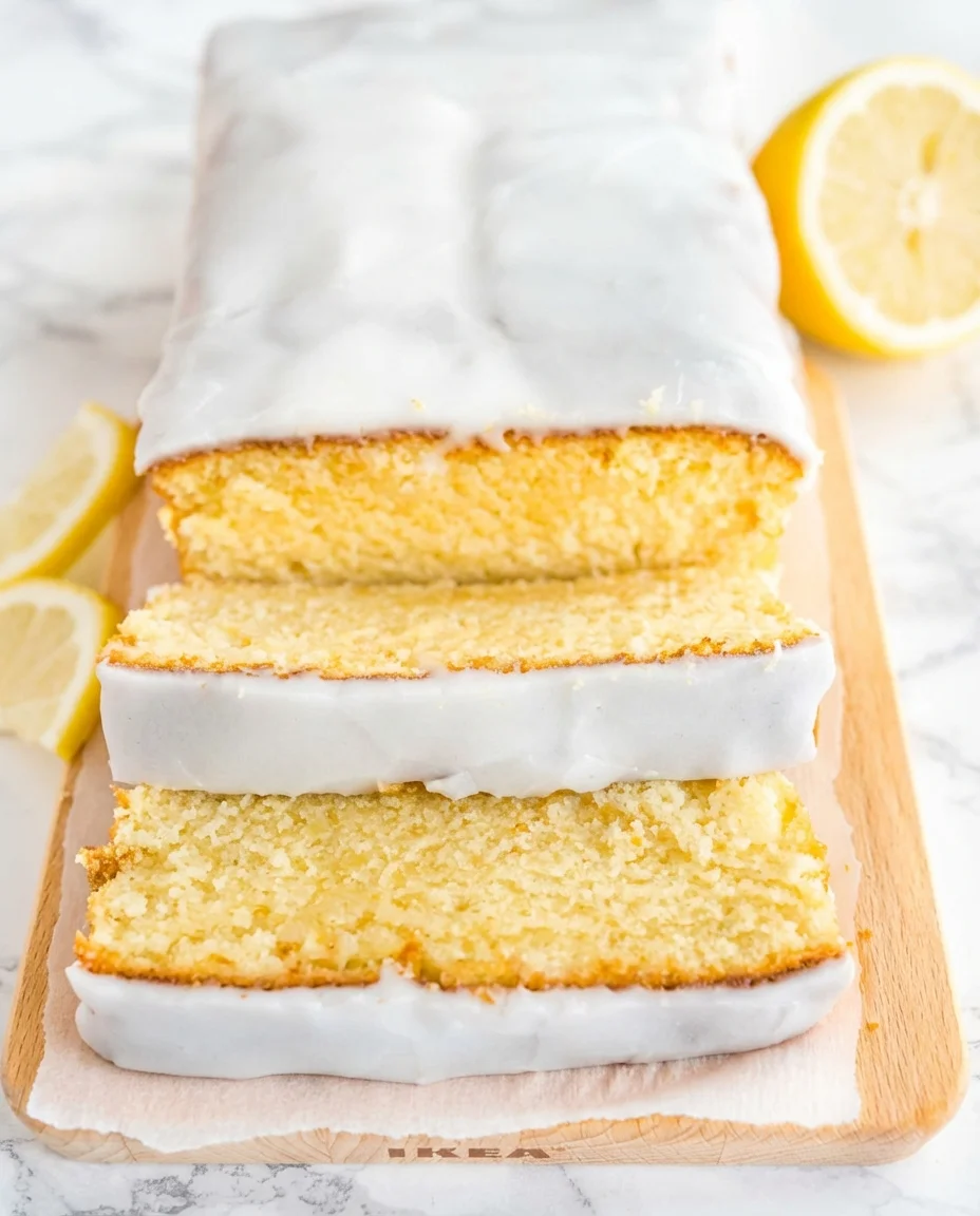 Moist-Lemon-Cake-Recipe-Plated-Cravings-5-640x854.jpg slices of lemon loaf cake with white glaze on a wooden board, lemon halves nearby
