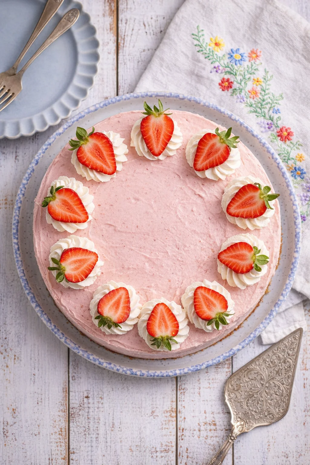 Round pink strawberry cake on blue-rimmed plate topped with whipped cream swirls and halved strawberries.