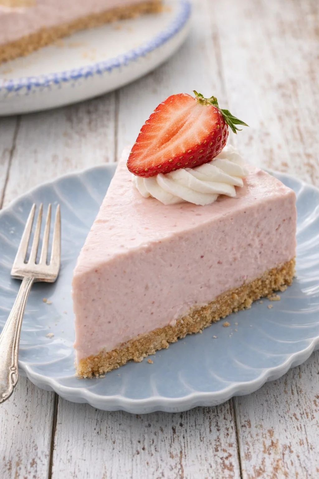 Slice of pink strawberry cheesecake on a light blue scalloped plate, topped with whipped cream and a strawberry half.