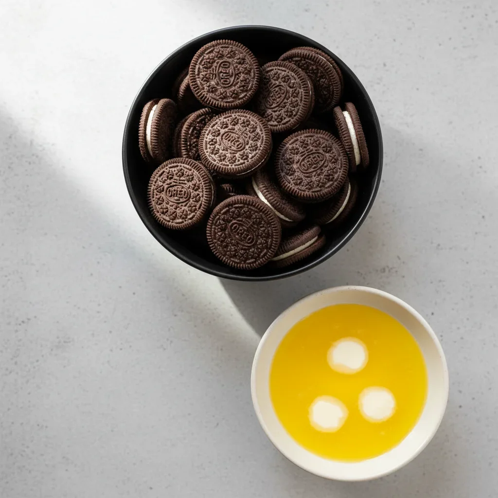 Bowls of chocolate cookies and melted butter labeled 'Ores' and 'Butter' on a grey surface.