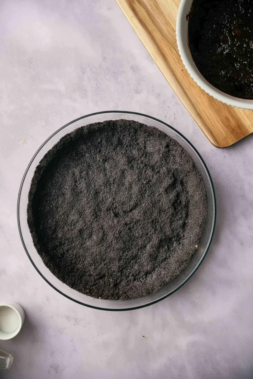 A glass dish filled with finely ground dark spice or seed mixture on a light gray surface.