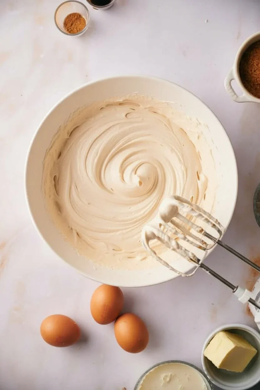 Pecan-pie-cheesecake-11-681x1024.jpg Mixing bowl with creamy batter, eggs, butter, and spices on a light surface.