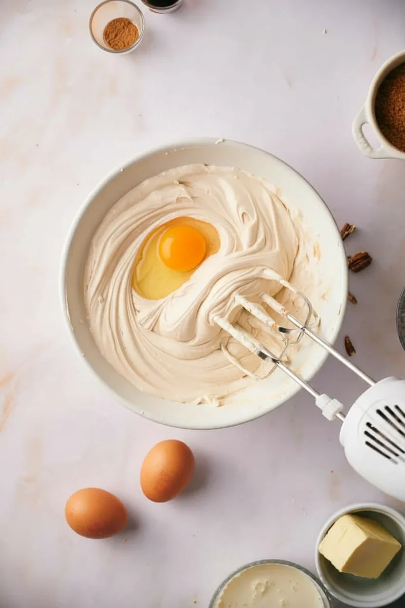 Pecan-pie-cheesecake-12-681x1024.jpg Mixing batter with eggs, butter, and spices in a kitchen bowl during baking preparation.