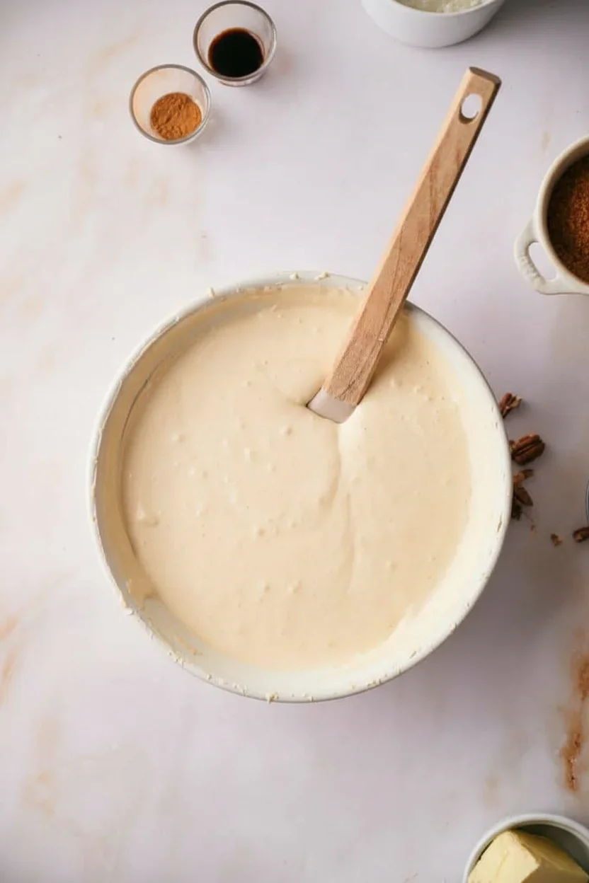Pecan-pie-cheesecake-13-681x1024.jpg Baking ingredients arranged on a light countertop, including batter, spices, butter, and liquids, ready for cooking.