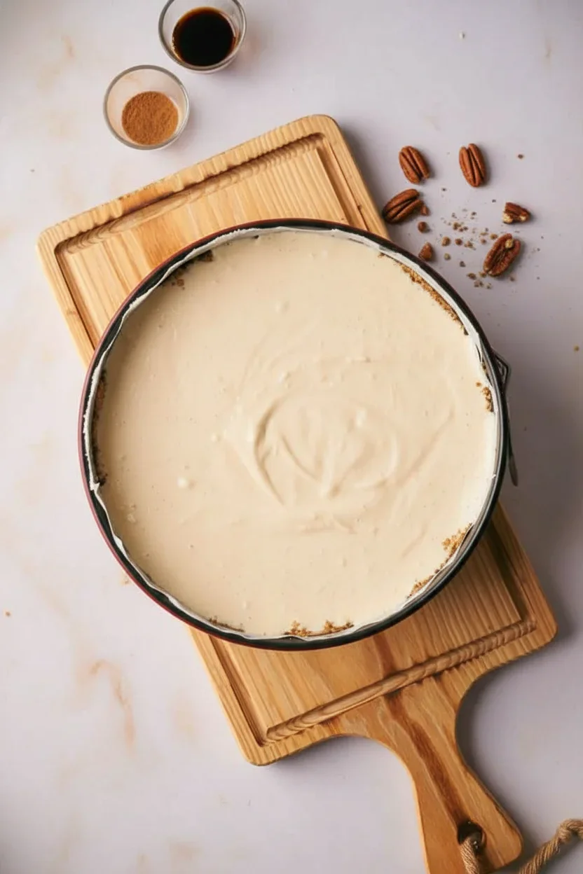 Pecan-pie-cheesecake-14-682x1024.jpg Creamy mixture in a black cooking pot on a wooden cutting board, with spices and ingredients around.