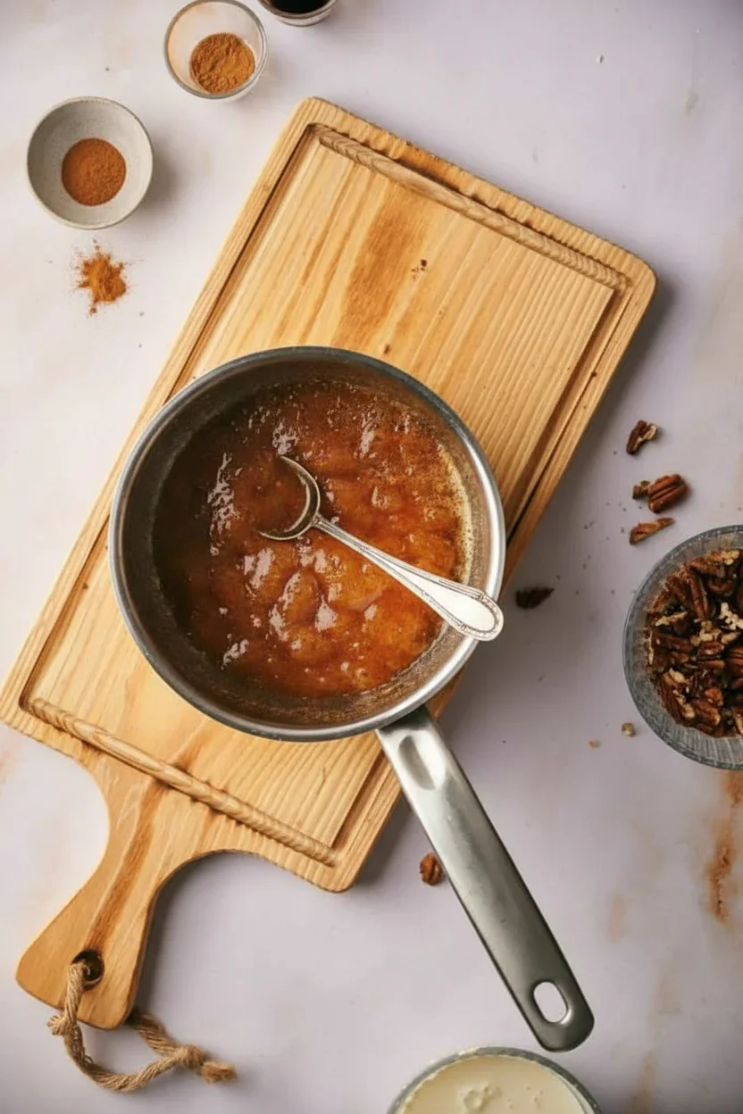 Pecan-pie-cheesecake-16-681x1024.jpg A saucepan with fruit sauce on a wooden cutting board, surrounded by cinnamon, pecans, and other ingredients.