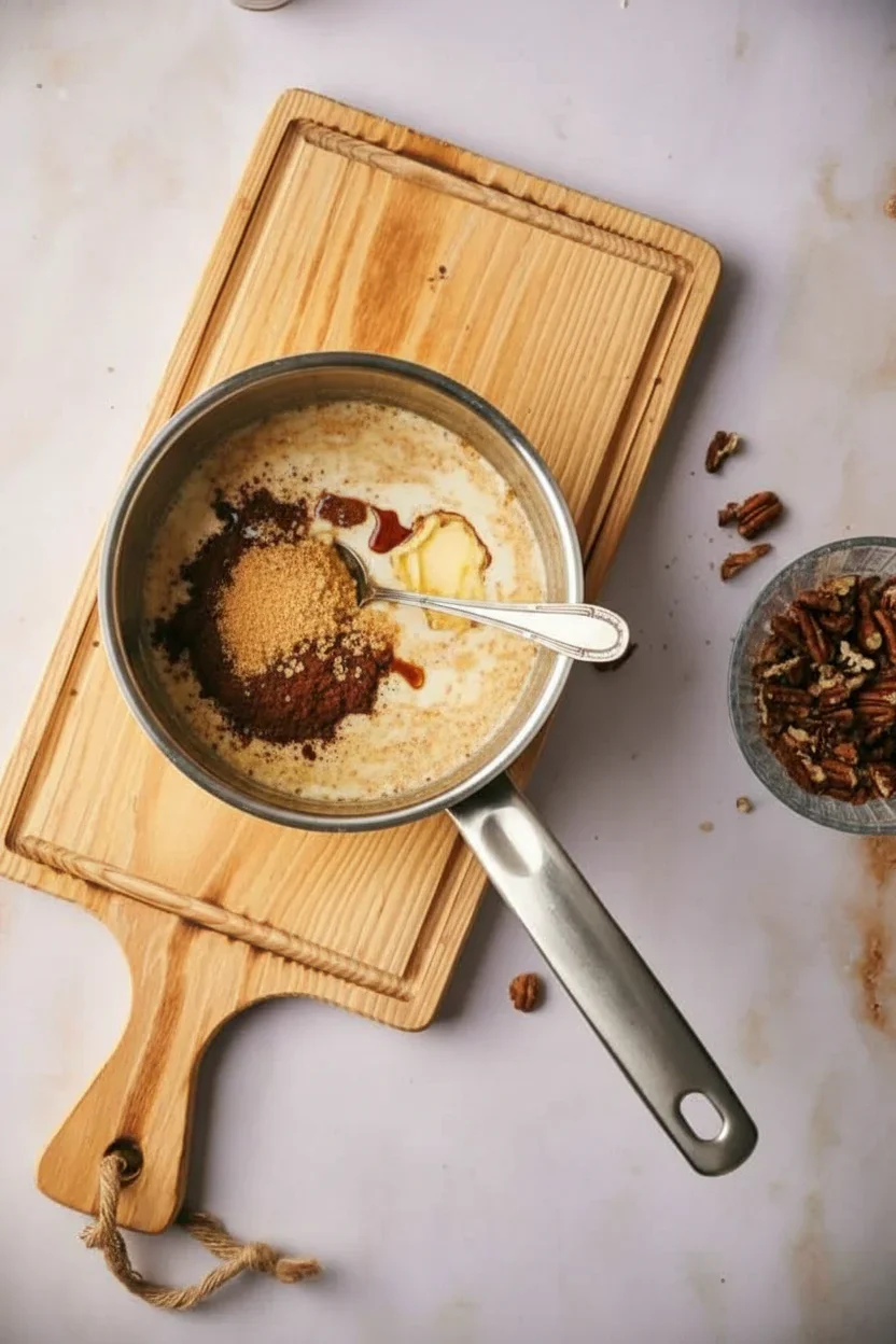 Pecan-pie-cheesecake-17-681x1024.jpg Small saucepan with melted butter, sugar, cocoa powder, and vanilla, on a wooden cutting board with pecans nearby.
