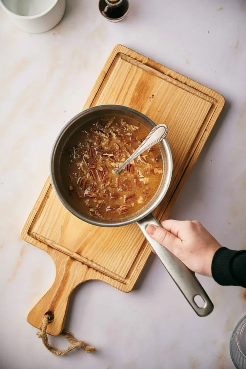 Pecan-pie-cheesecake-18-681x1024.jpg A saucepan with caramelized nuts and fruit mixture held over a wooden cutting board on a light countertop.