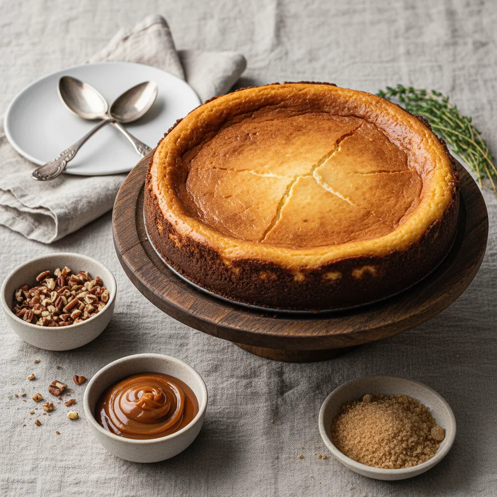 Pecan-pie-cheesecake-20-682x1024.jpg Top-down view of a baked cheesecake with a golden crust, surrounded by bowls of nuts, sugar, and chocolate, with a napkin and spoons nearby.