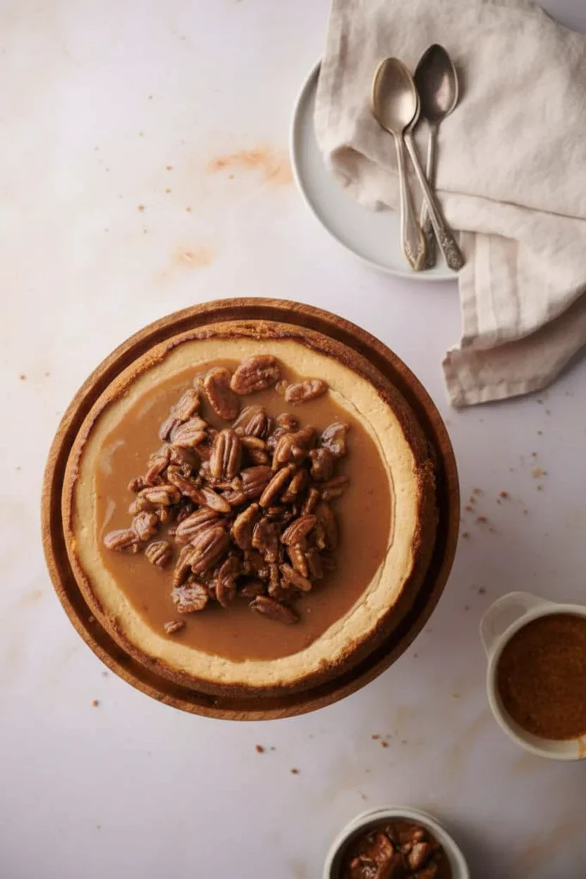 Pecan-pie-cheesecake-21-682x1024.jpg Top-down view of a cheesecake topped with caramel sauce and chopped pecans, with bowls of pecans and caramel nearby.