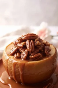 Close-up of a baked dessert with pecans and sauce inside a hollowed-out fruit, on a white background.
