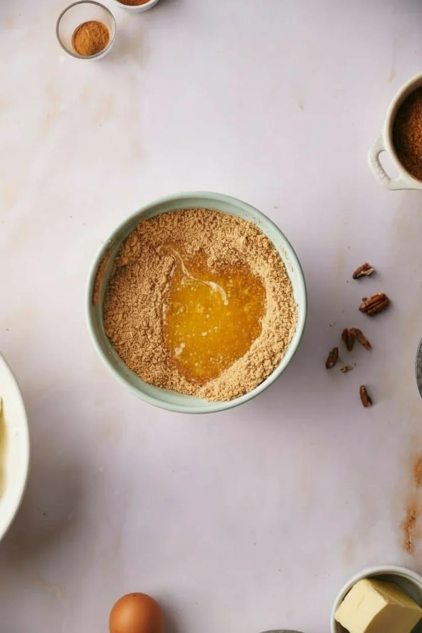 Pecan-pie-cheesecake-3-681x1024.jpg Baking ingredients including crushed graham crackers, eggs, butter, and spices arranged on a light surface for dessert prep.