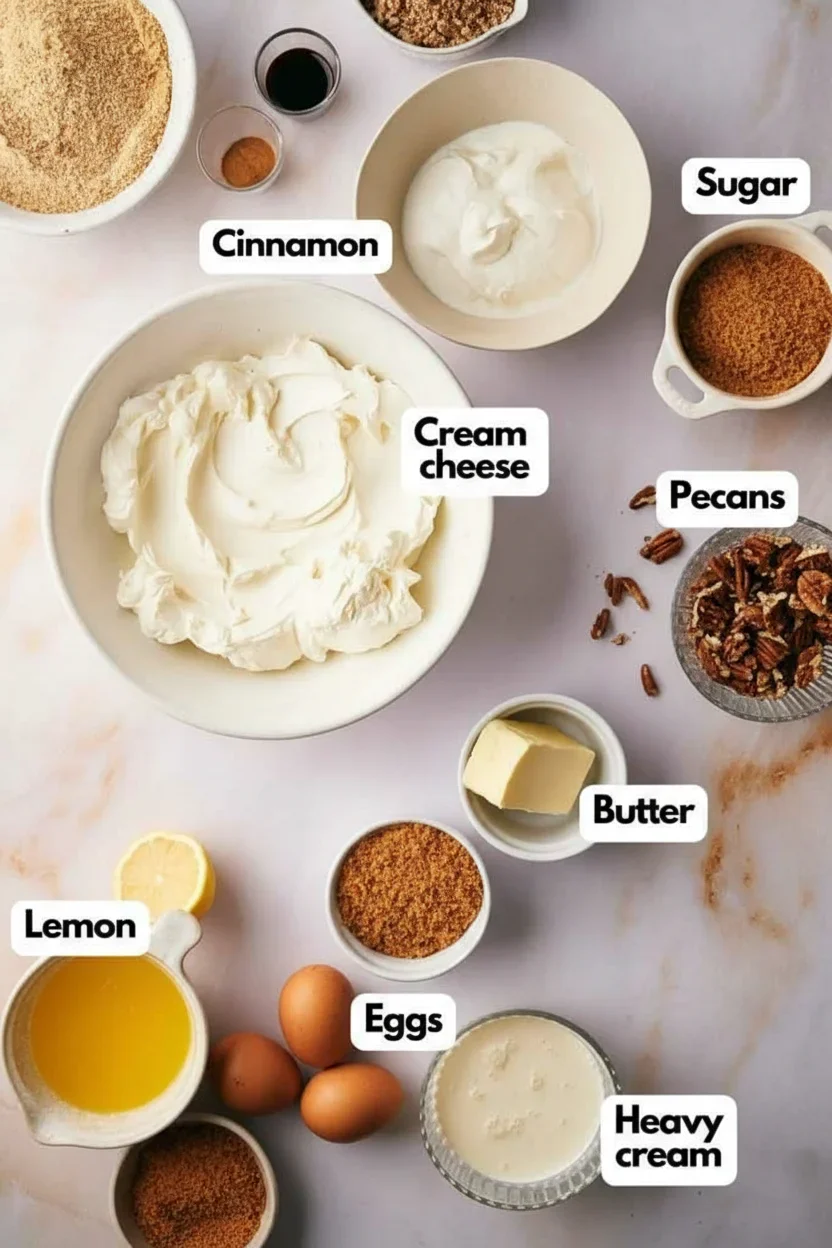 Pecan-pie-cheesecake-34-683x1024.jpg Assorted baking ingredients including cream cheese, sour cream, sugar, pecans, butter, eggs, and spices arranged on a marble surface.