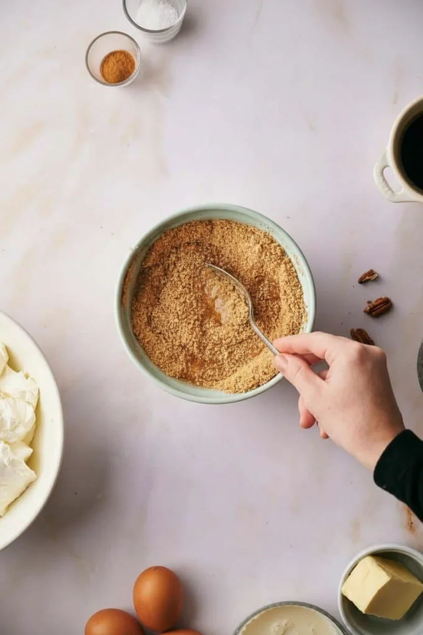 Pecan-pie-cheesecake-4-681x1024.jpg Person stirring crumbly mixture in a bowl surrounded by eggs, cinnamon, butter, and cream on a white surface.