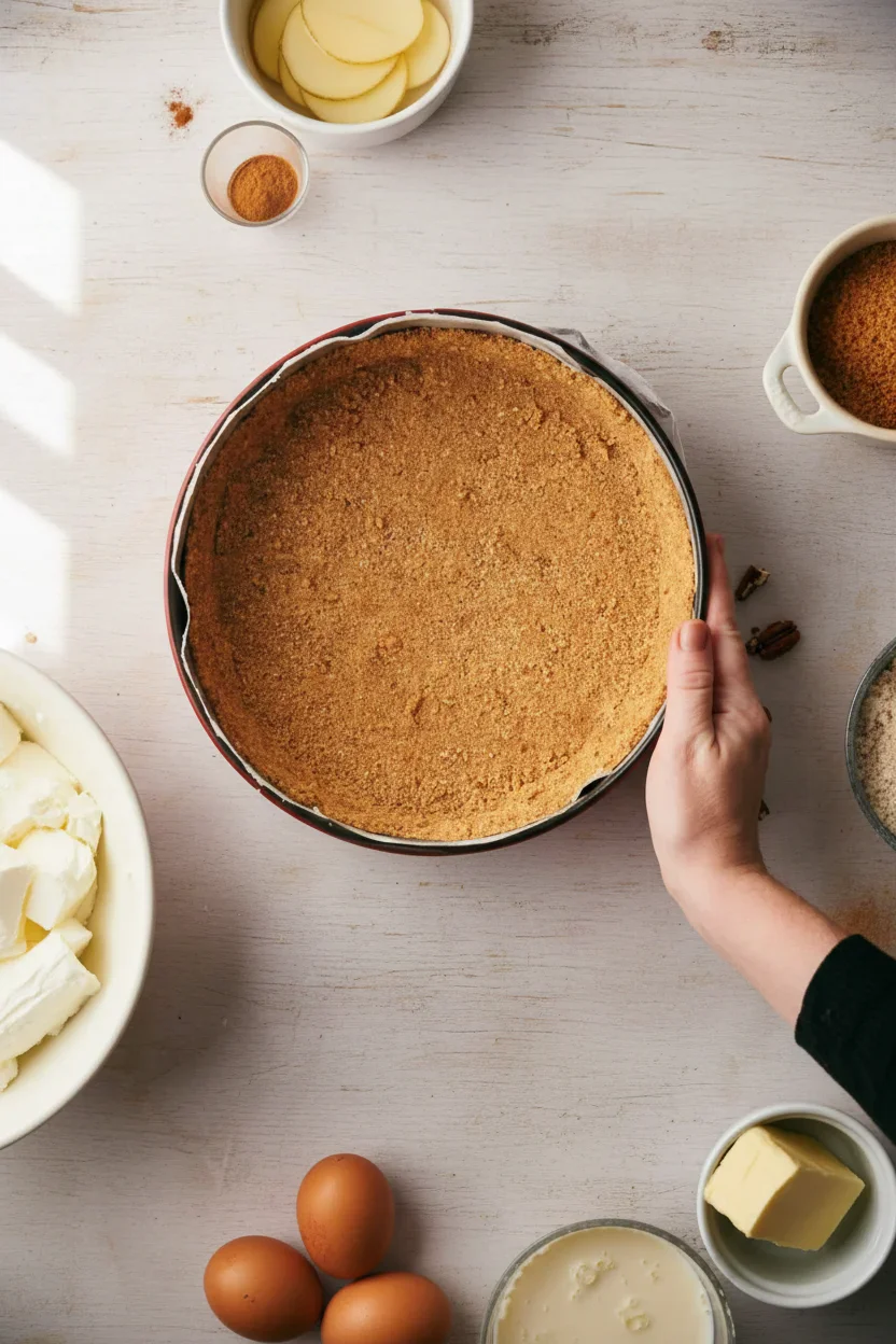 Pecan-pie-cheesecake-7-681x1024.jpg A springform pan filled with a golden graham cracker crust, surrounded by eggs, butter, and ingredients on a light surface.