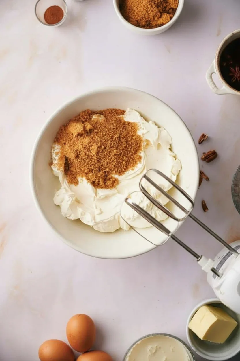 Pecan-pie-cheesecake-8-681x1024.jpg A bowl of whipped cream with brown sugar and a hand mixer surrounded by eggs, pecans, butter, and a mug.