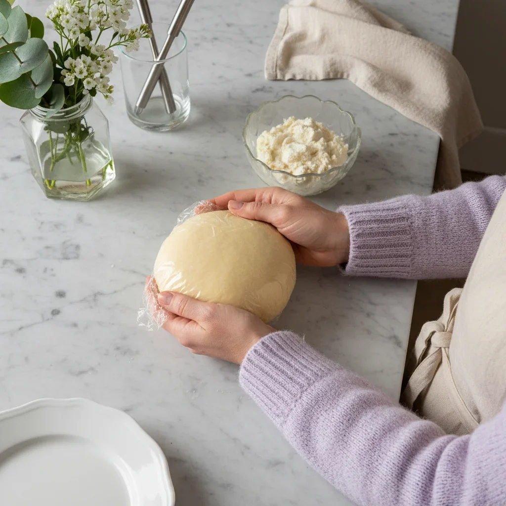 A person holding a dough ball wrapped in plastic on a marble countertop surrounded by kitchen tools and flowers.