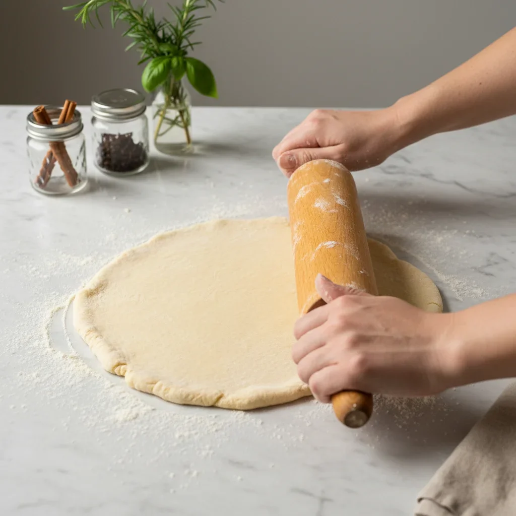Person rolling out dough with a wooden rolling pin on a white floured surface, with spice jars and herbs nearby.