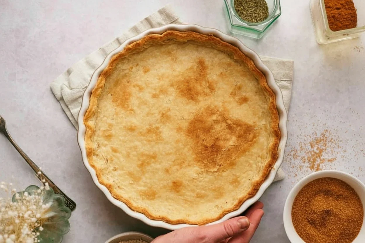 Golden-brown baked pie with flaky crust in a white dish, with cinnamon sugar and spices nearby.