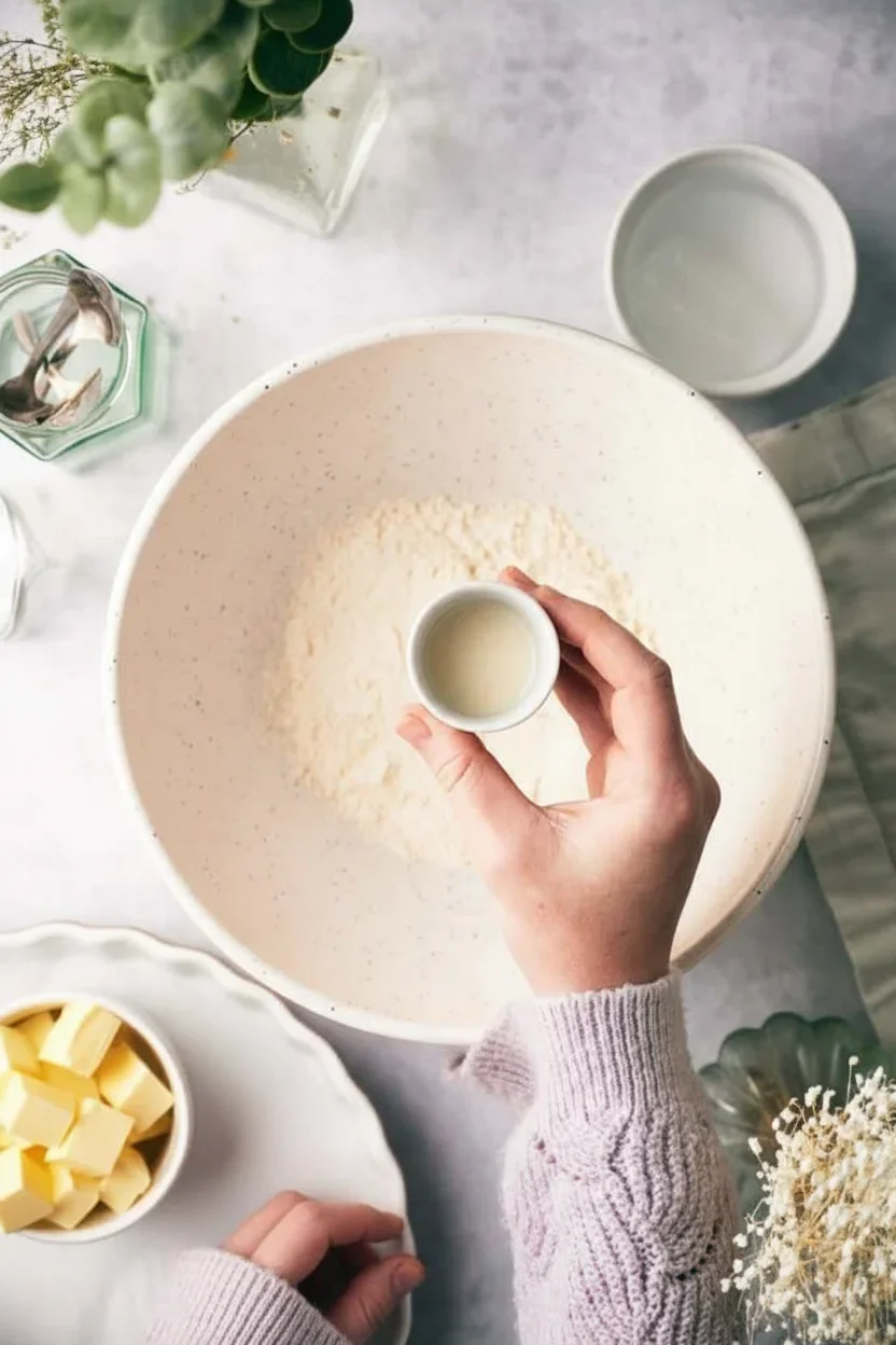 Person pouring liquid into a mixing bowl surrounded by ingredients and utensils in a bright kitchen setting.