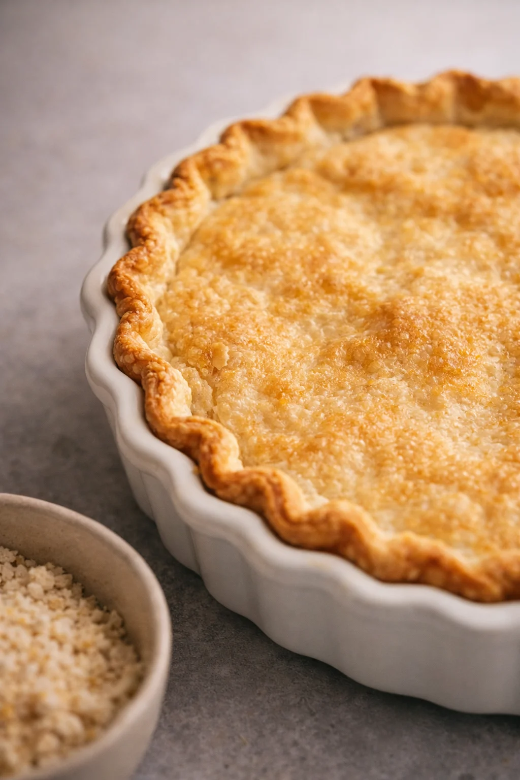 Close-up of a golden-brown homemade apple pie in a white ceramic dish with crimped edges.