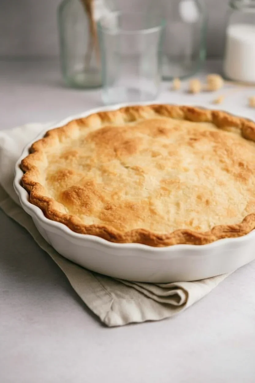 Homemade baked pie with a golden, flaky crust in a white dish on a neutral surface.
