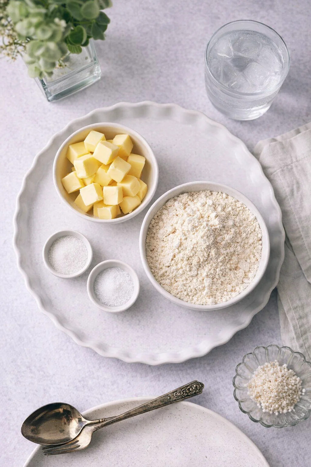 Flat-lay image showing butter, flour, sugar, salt, and ice water on a white plate ready for baking.