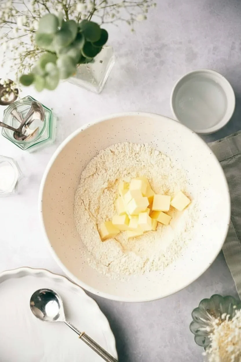 Baking ingredients with flour and butter in a large mixing bowl on a light kitchen counter.