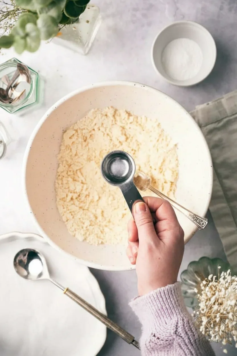 Hand holding a measuring spoon over a bowl of flour or dough with kitchen tools and flowers around.