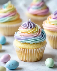 Vanilla cupcake with rainbow swirled frosting and pastel eggs on a light counter.