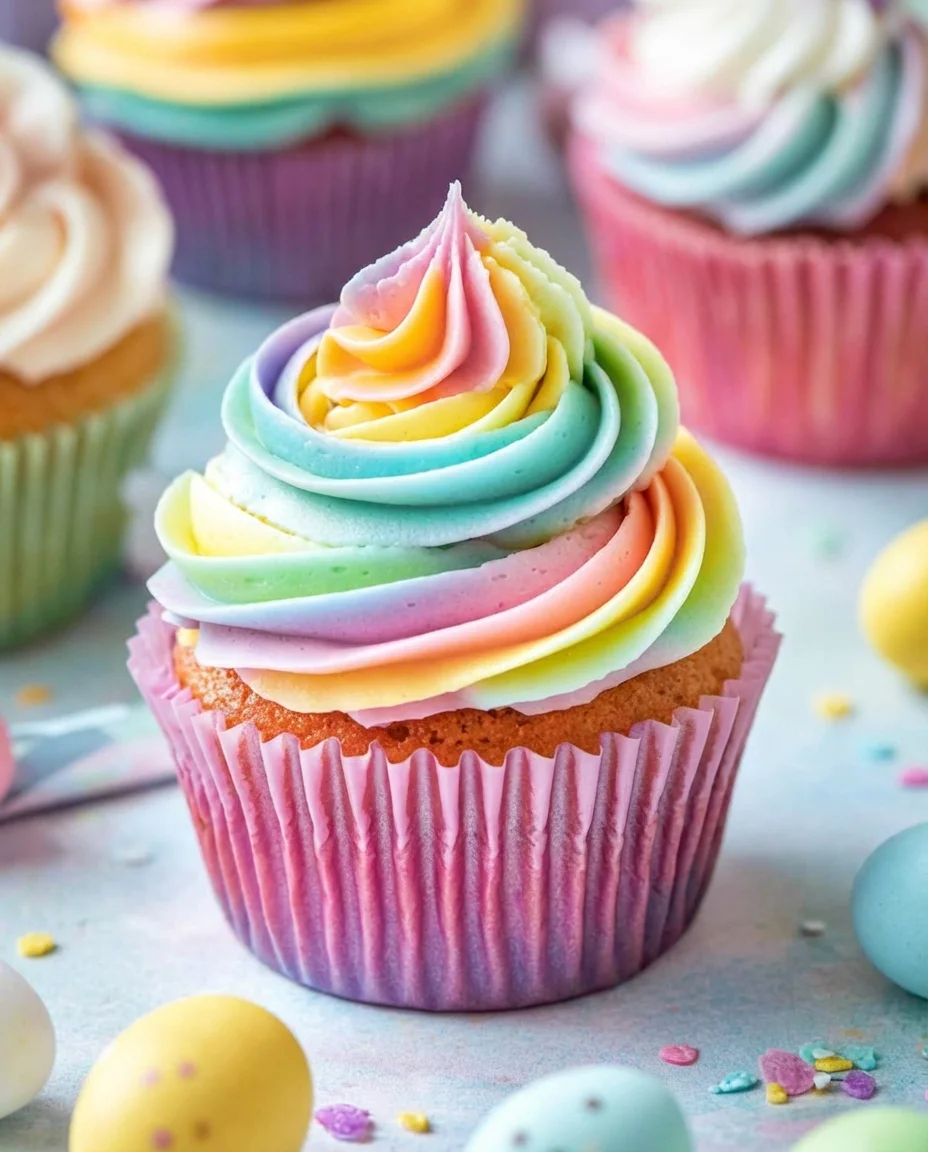 Close-up of a rainbow-swirled cupcake with pastel frosting in a pink liner.