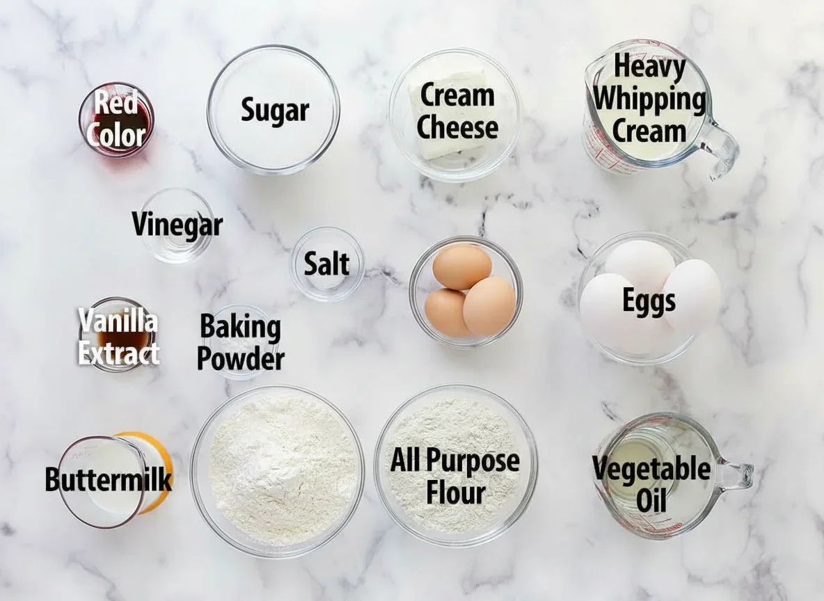 Assorted baking ingredients including sugar, flour, eggs, cocoa powder, and cream cheese on a marble surface.