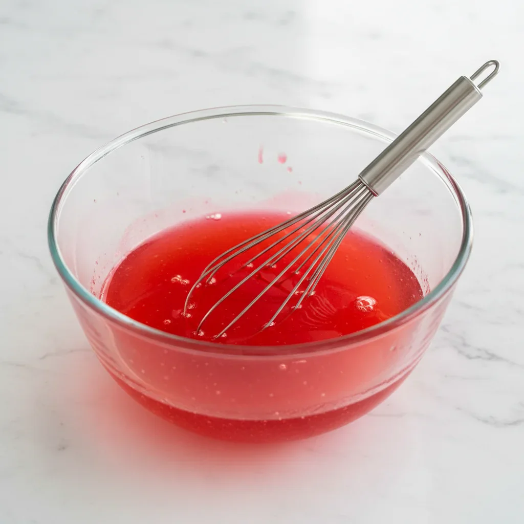 A glass bowl containing bright red liquid with a whisk inside, on a white marble surface.