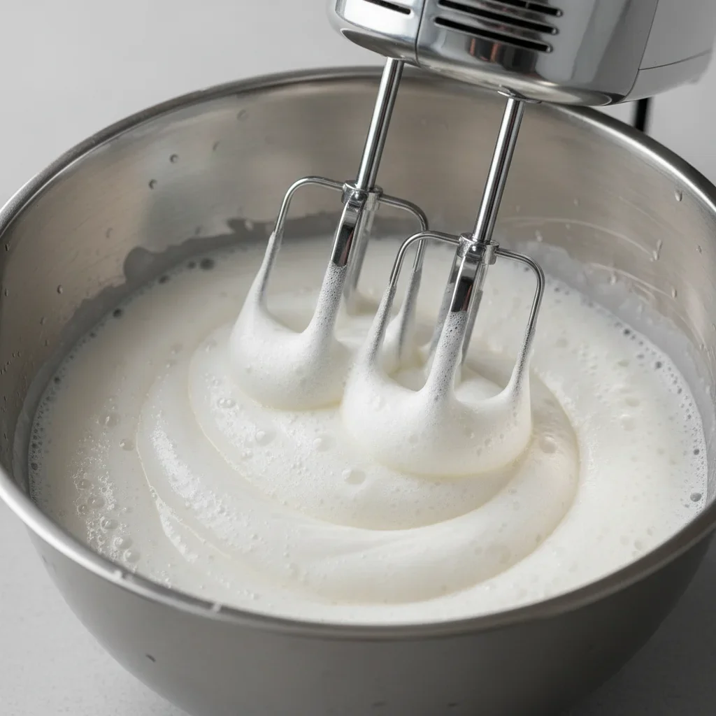 Egg whites being whipped in a stainless steel bowl using an electric mixer, creating foam and soft peaks.