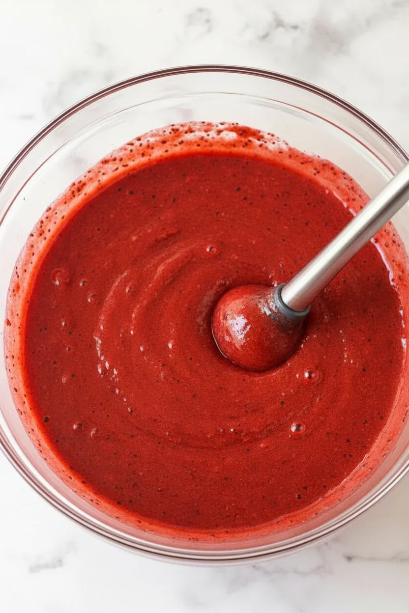 Blender mixing bright red fruit puree in a glass bowl on a marble surface.