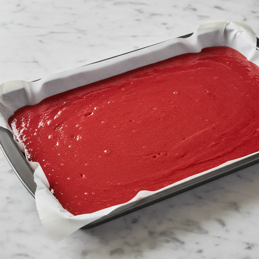 Smooth red batter spread evenly in a baking tray lined with parchment paper.