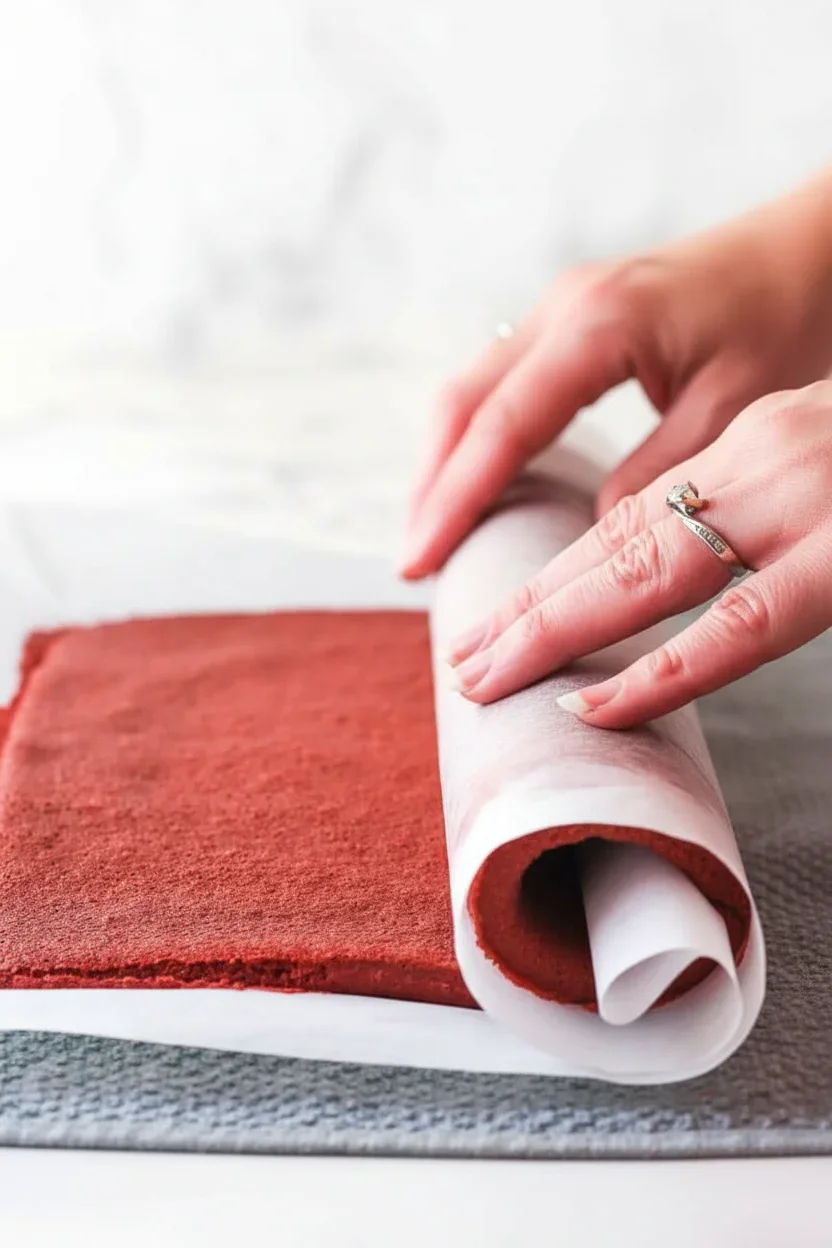 A person's hand rolling out red dough on parchment paper during baking.