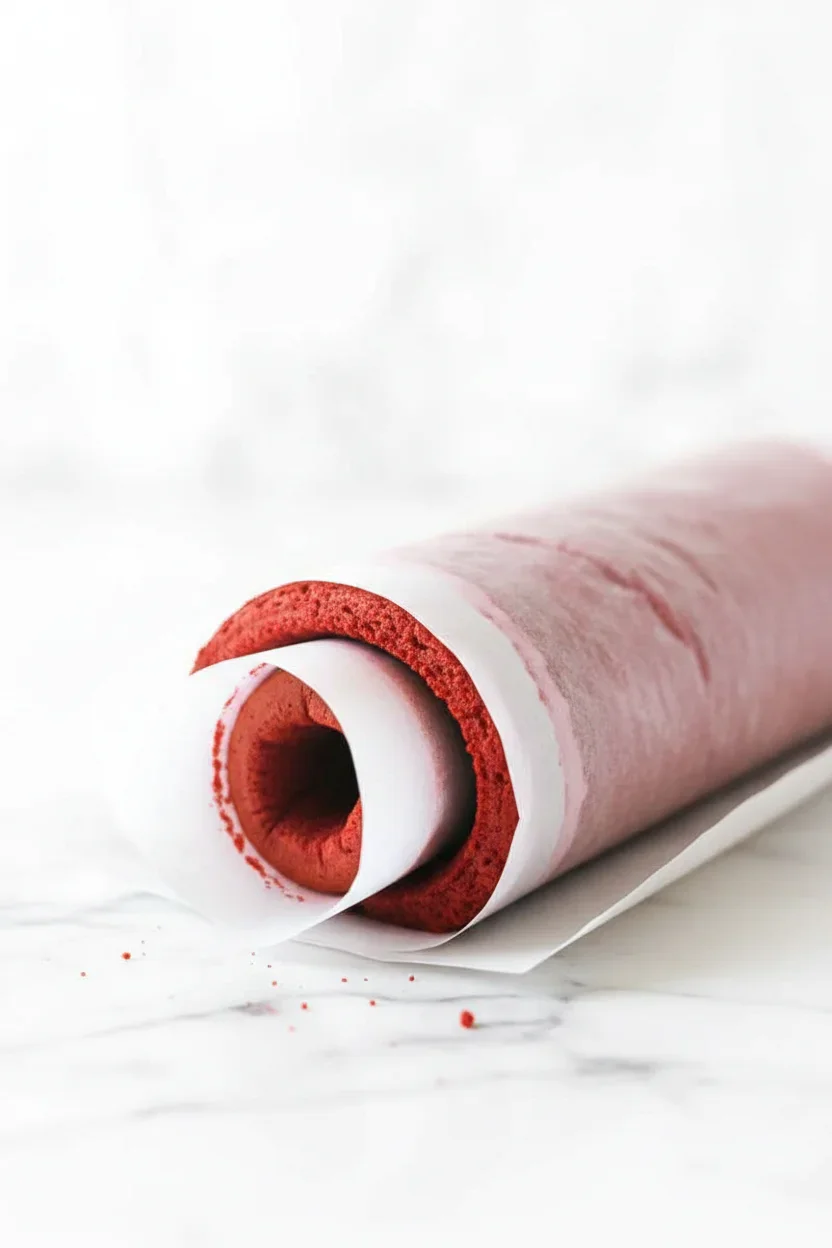 A rolled parchment with a vibrant red cake inside, set on a textured light surface with a blurred white background.