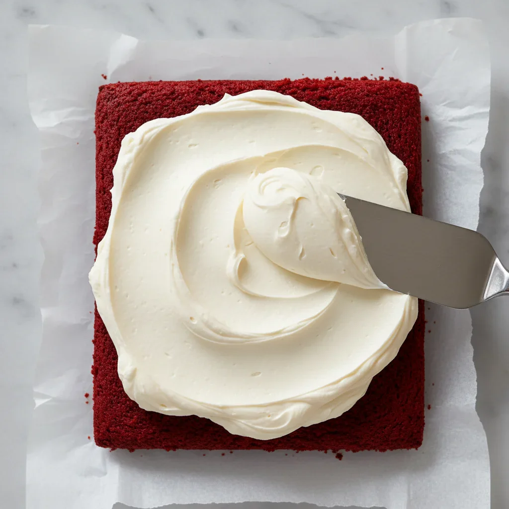Close-up of a red velvet cake layer with cream cheese frosting being spread with a spatula.