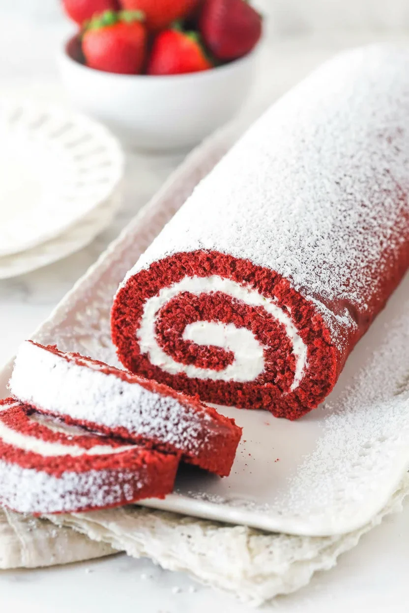 Red velvet Swiss roll cake dusted with powdered sugar, with strawberry bowl in background.