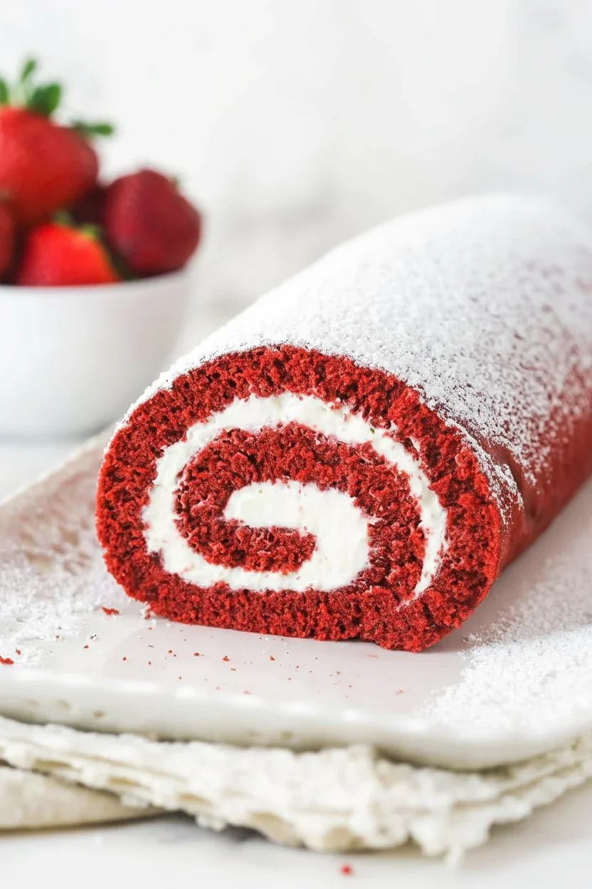 A red Swiss roll cake with white cream filling, dusted with powdered sugar, with strawberries in the background.