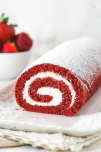 Front view of red velvet cake roll on a white platter