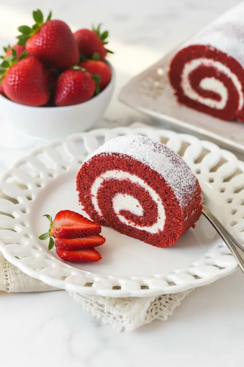 Slice of red velvet cake roll with white swirl, topped with powdered sugar, accompanied by fresh strawberries.
