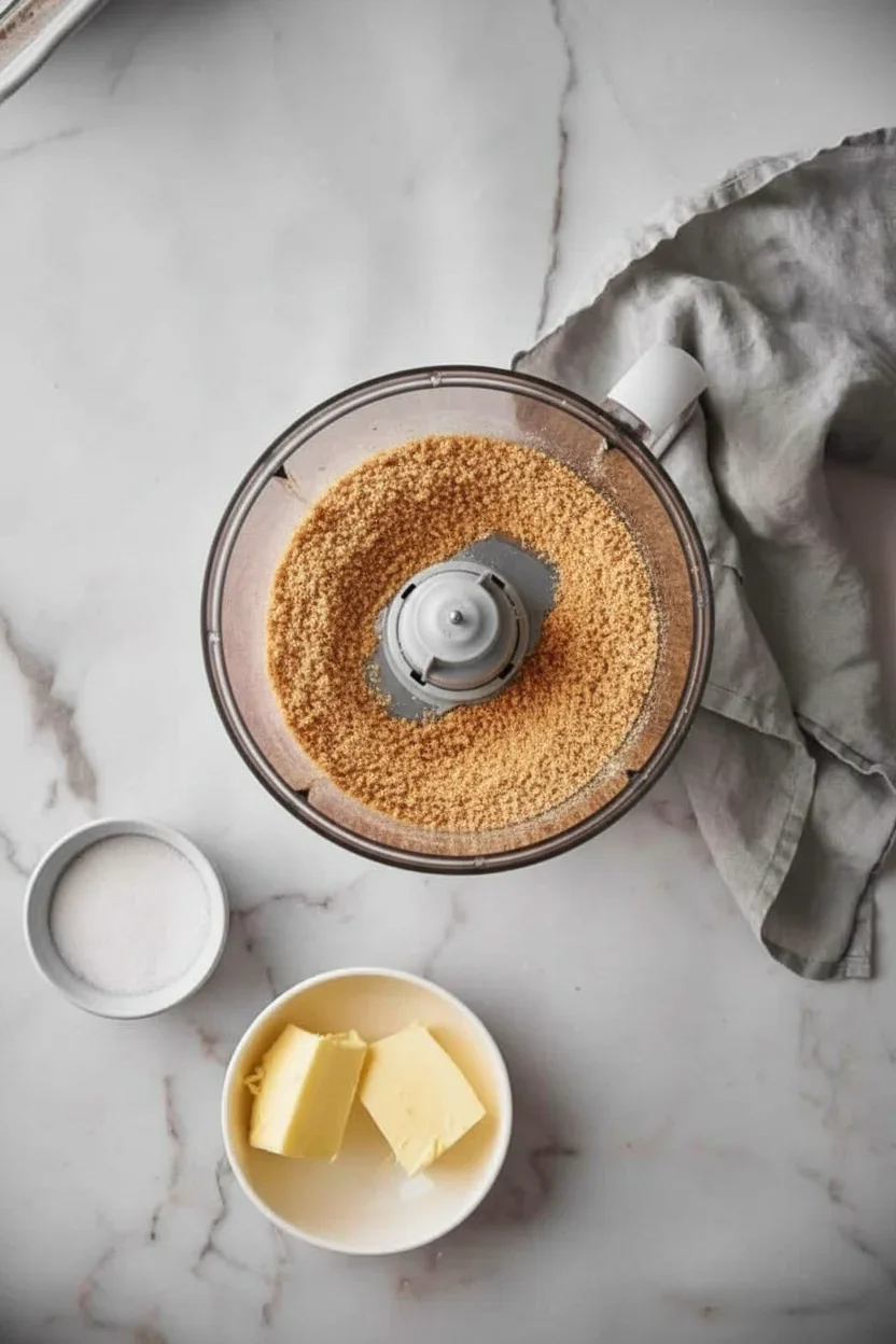 Reeses-Peanut-Butter-Pie_02-682x1024.jpg A top-down view of a food processor with graham crackers, sugar, and butter on a marble surface.