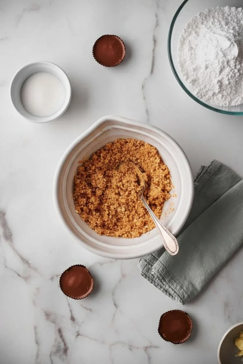 Reeses-Peanut-Butter-Pie_06-681x1024.jpg Bowl of crushed graham crackers surrounded by sugar, powdered sugar, and chocolates on a white marble surface.