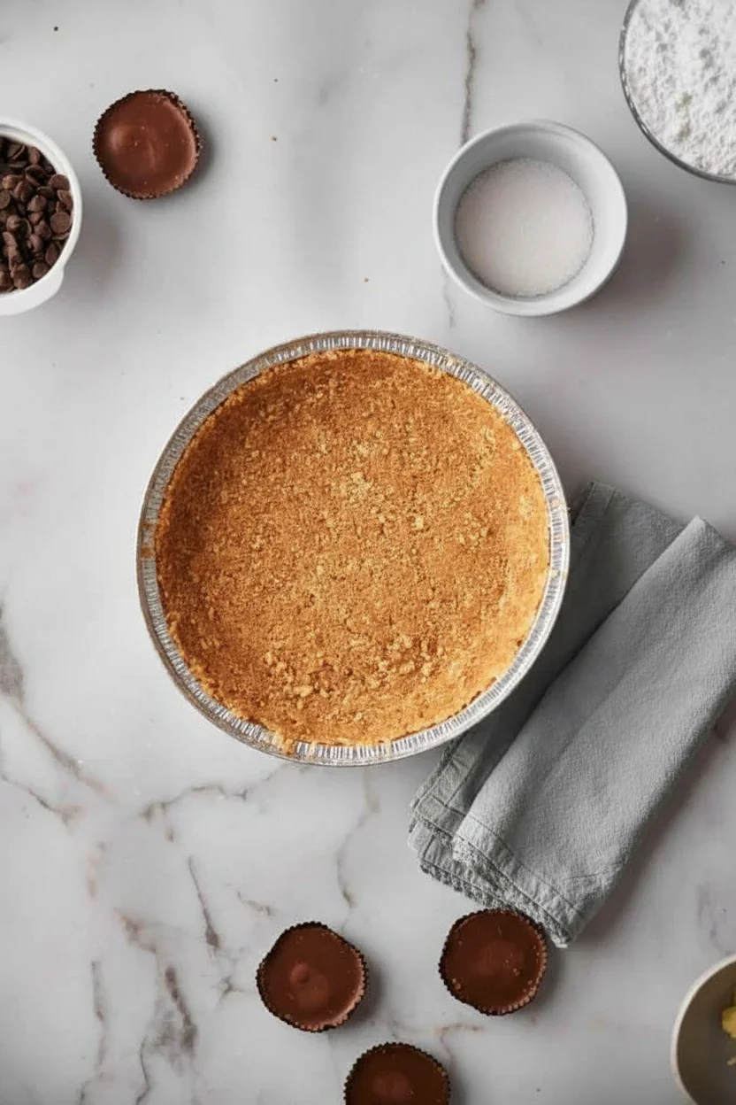 Reeses-Peanut-Butter-Pie_07-681x1024.jpg A baked crumb-topped pie or cake on a marble surface surrounded by baking ingredients and tools.