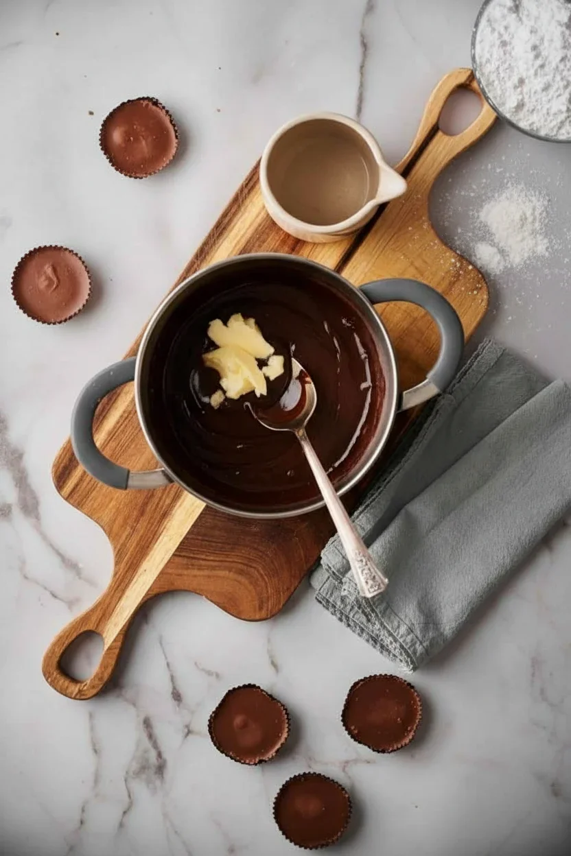 Reeses-Peanut-Butter-Pie_09-681x1024.jpg Top-down view of baking ingredients and tools on a marble countertop, including a mixing bowl, flour, and chocolates.